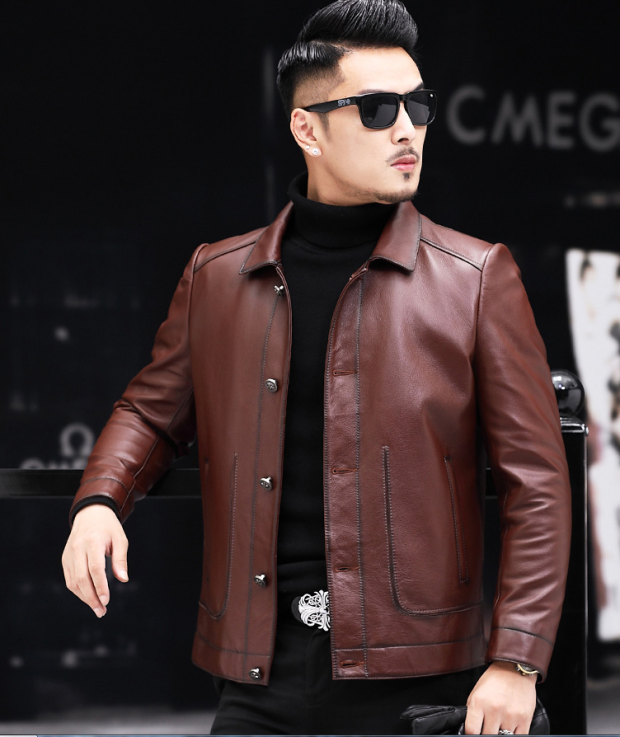 Henning Head Layer Cow Leather Leather Leather Clothing Men's Jacket Turnover short Han version Business Leisure Warm Jacket