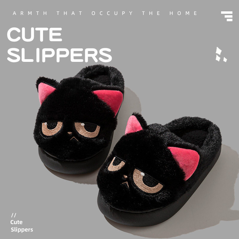 Cute little black cat cotton slippers for women at home cotton slippers for women plus velvet cotton slippers for men warm shoes confinement shoes for women Baotou slippers
