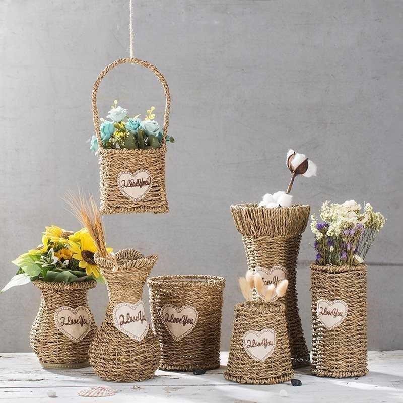 Flower pot dried flower basket hanging rattan woven bamboo basket Pastoral fake flower wall hanging clothing store new retro basket dress up