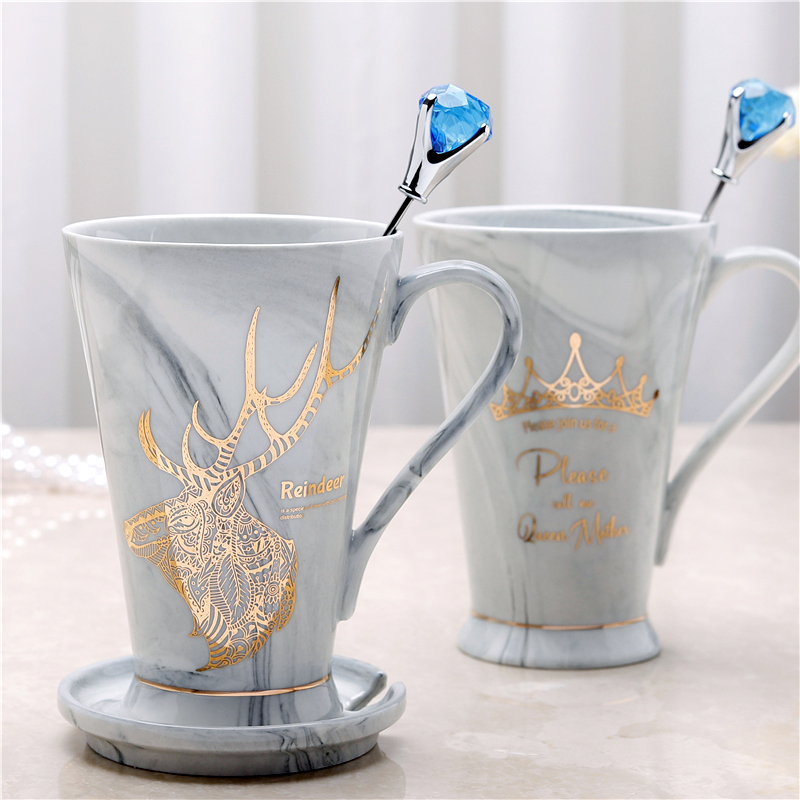 Creative Nordic style ceramic cup with lid spoon personality trend mug simple couple drinking cup household tea cup