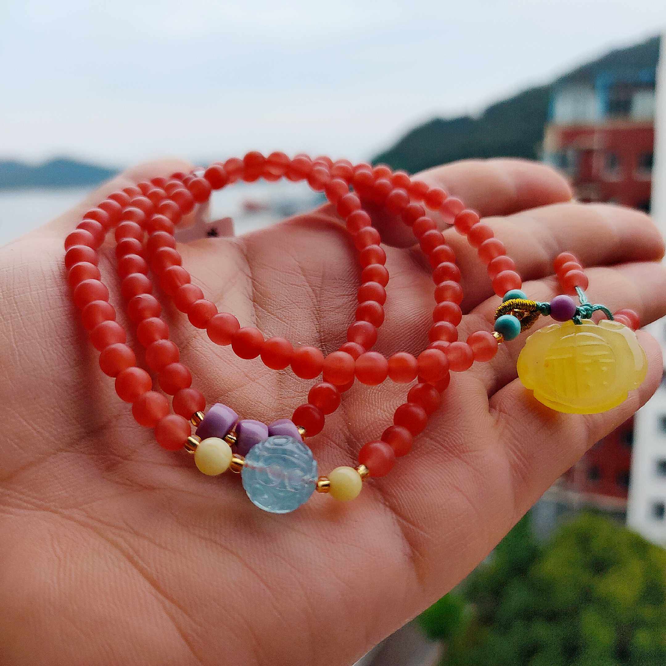 Putuo Shan South Red Buddha Beads Handstring Hand Wear 3 Rings With Honey Wax Foo Lock Sea Blue Treasure Pearl