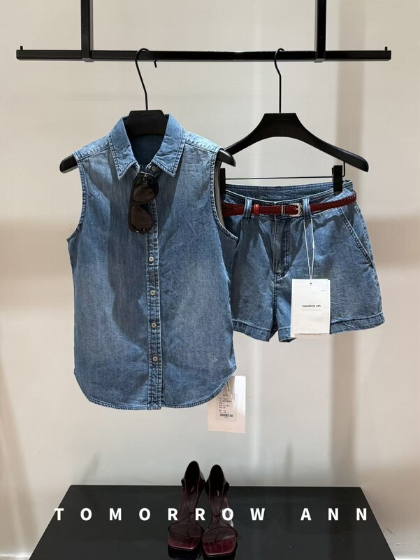Tomorrow 2026 Spring and Summer New Korean Style Linen Cotton Denim Sleeveless Top 12963+ Denim Shorts for Women