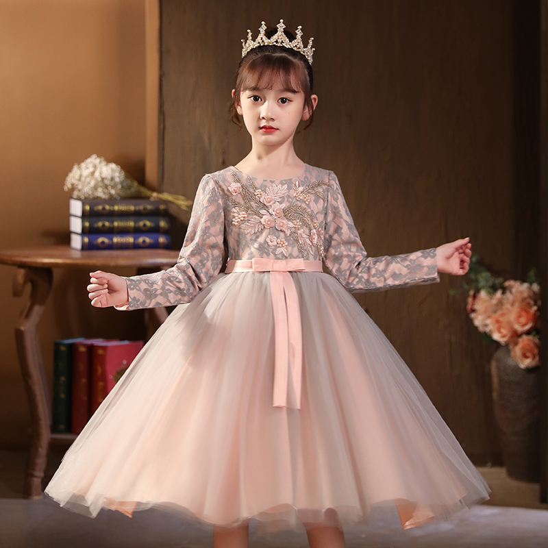 Princess Dress Girl Puffy Yarn Children Gown Nursery School Elementary School Model Walk Show Out of Flowers Child Wedding Dress autumn