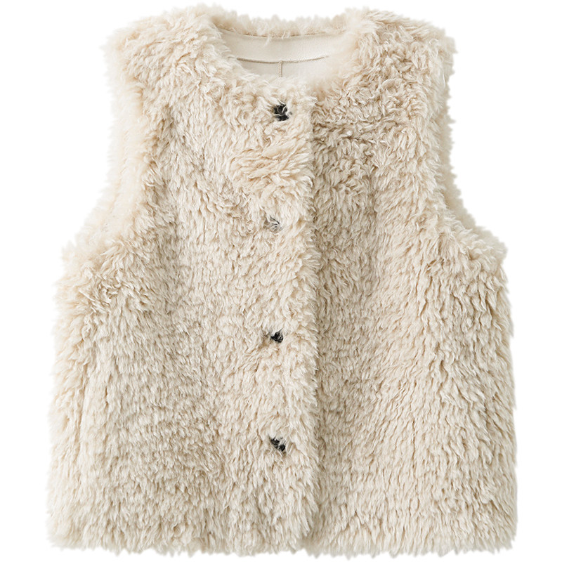 Cream fluffy faux fur vest on a white background
