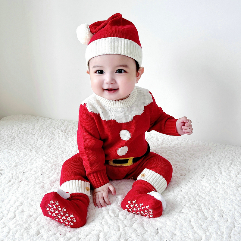 New Autumn and Winter Style Santa Claus Style Infant Clothes Knitted Sweater One-Piece Romper + Hat Set