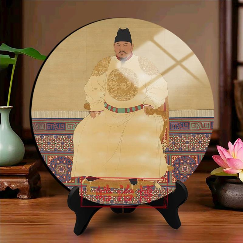 Portrait of Emperor Zhu Yuanzhang and Zhu Di of the Ming Dynasty, Round Wooden Frame Ornament for Living Room Entrance Hall, Suitable for Gifting to Friends