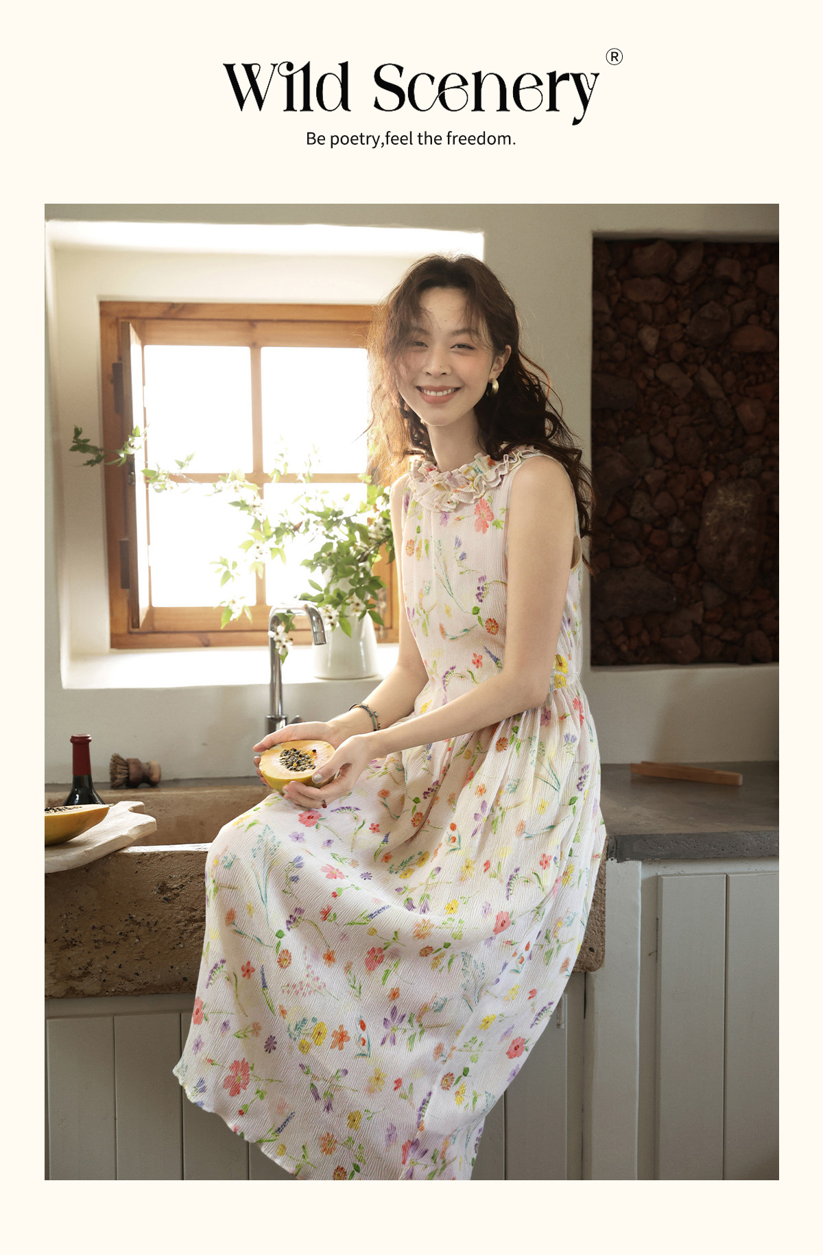 風吻褶間 フレンチノースリーブチューリップドレス 花柄ワンピース 