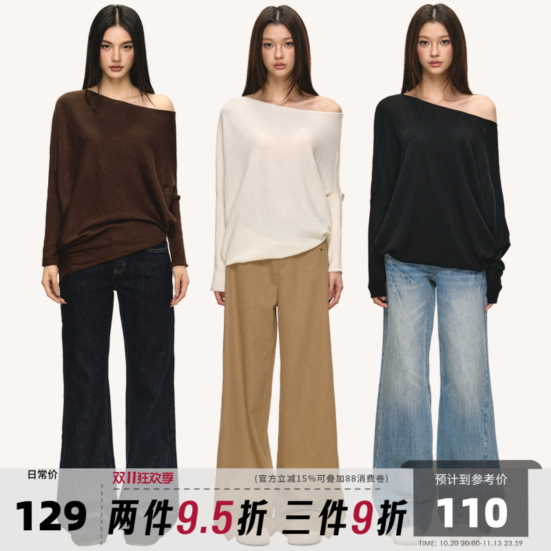 Anna Aneae Off-Shoulder Long-Sleeve T-Shirt for Women, Autumn and Winter, Unique Lazy Style, Loose Off-Shoulder Knit Top Anna Aneae Off-Shoulder Long-Sleeve T-Shirt for Women, Autumn and Winter, Unique Lazy Style, Loose Off-Shoulder Knit Top