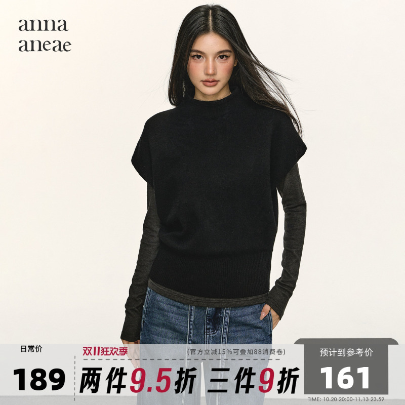 Anna Aneae High-Neck Layered Chic Short-Sleeve Vest 100% Wool Half-High Collar Casual Knit Top for Women New Anna Aneae High-Neck Layered Chic Short-Sleeve Vest 100% Wool Half-High Collar Casual Knit Top for Women New