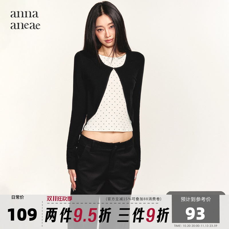 Anna Aneae Color-Block Polka Dot Faux Two-Piece Top for Women, Autumn Integrated Patchwork Long-Sleeve Short Knit Sweater, Trendy