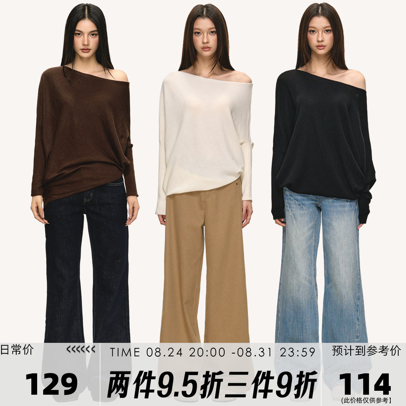 Anna Aneae Off-Shoulder Long-Sleeve T-Shirt for Women, Spring and Autumn, Unique Lazy Style, Loose Off-Shoulder Knit Top