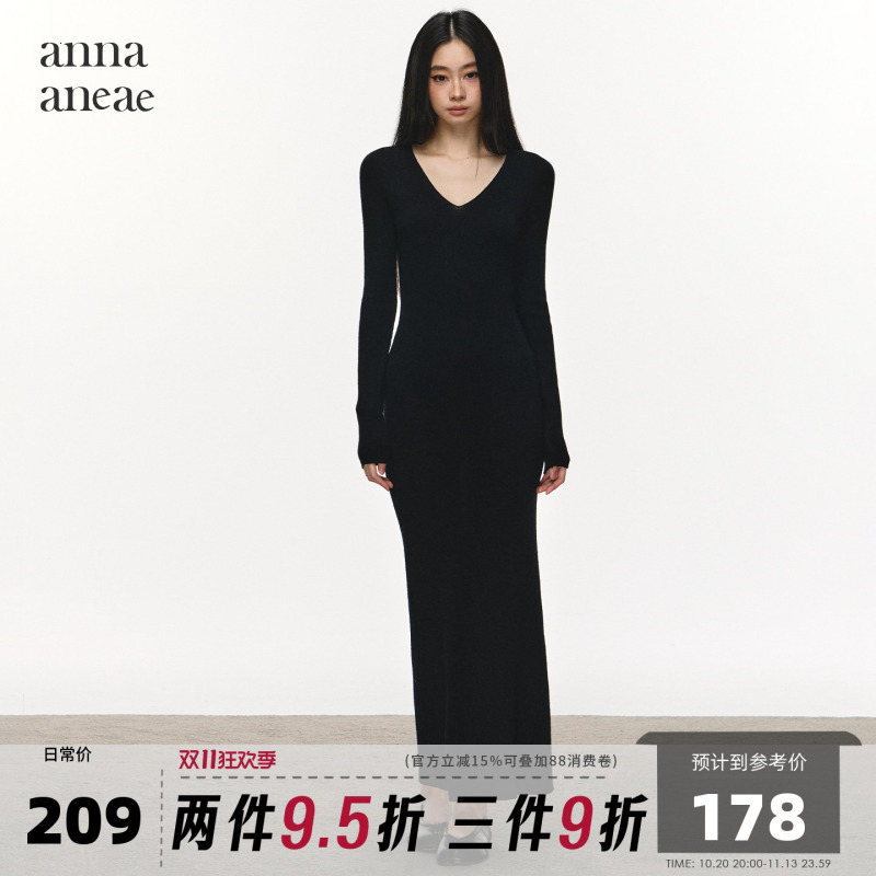 Anna Aneae Inner Layer Knit Dress for Women, Spring and Autumn, Elegant Black V-Neck Slim Fit Bodycon Dress