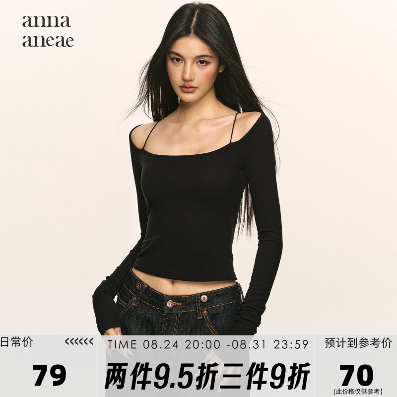 Anna Aneae Camisole Base Shirt Top for Women, Spring Black Spicy Girl Design, Off-Shoulder Short Long-Sleeve T-Shirt