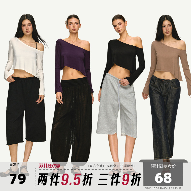 Annaaneae Early Autumn Asymmetrical Shoulder T-Shirt for Women, Irregular Off-Shoulder, Hot Girl Style, Short, Slim Fit, Drapey Long-Sleeve Top Annaaneae Early Autumn Asymmetrical Shoulder T-Shirt for Women, Irregular Off-Shoulder, Hot Girl Style, Short, Slim Fit, Drapey Long-Sleeve Top