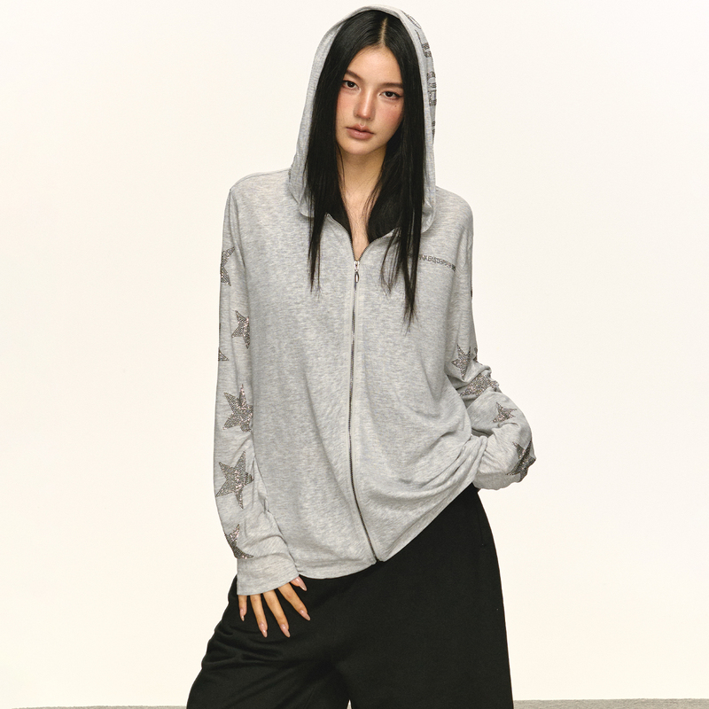Anna Aneae Modal Cotton Rhinestone Star Logo Hooded Cardigan for Women, Summer Loose American Style Thin Sunscreen Sweatshirt