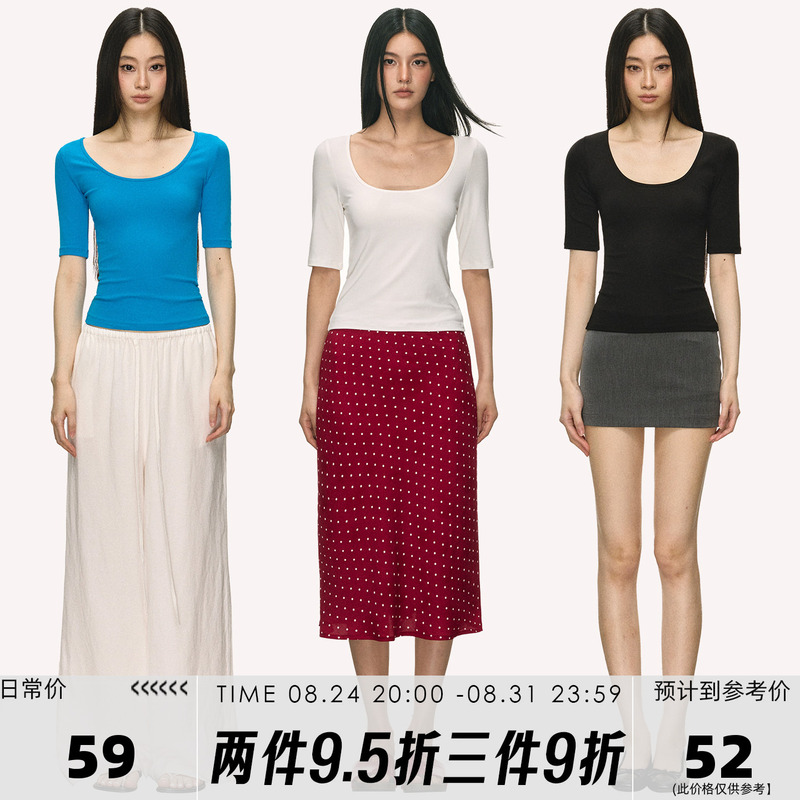 Anna Aneae Large Round Neck Casual Versatile Mid-Sleeve T-Shirt for Women, Summer Slim Fit, Flattering and Tight-Fitting Inner Layer Top