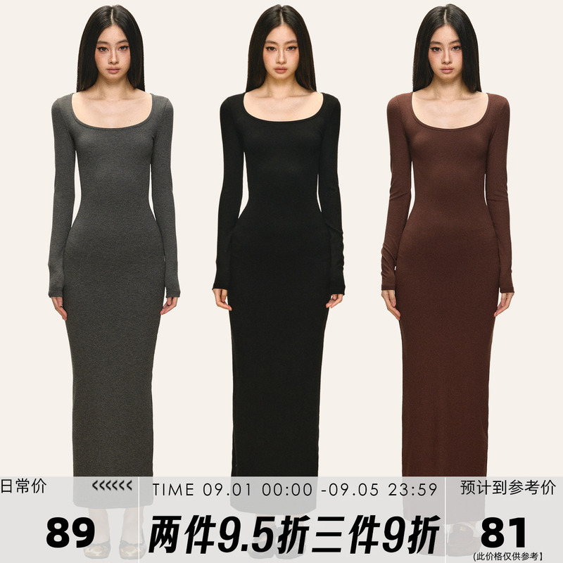 Anna Aneae Knitted Long-Sleeve Dress for Women, Spring and Autumn Inner Layer, Gray Slim-Fit Bodycon Skirt, A-Line Long Skirt