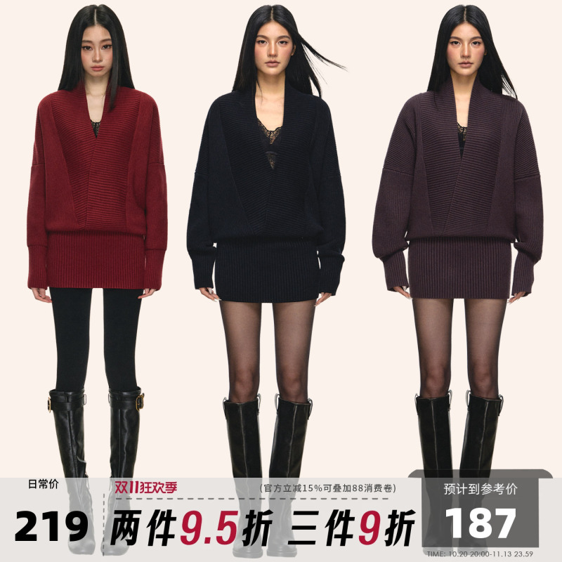 Anna Aneae V-Neck Design Knit Dress for Women, Autumn and Winter, Niche Style, Elegant Long-Sleeve, Slim-Fitting Bodycon Dress, Trendy