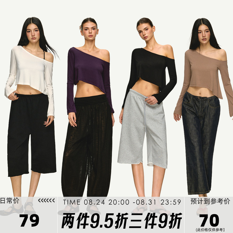 Annaaneae Modal Asymmetrical Shoulder T-Shirt for Women, Irregular Off-Shoulder Hot Girl Style Short Slim Fit Draped Long Sleeve Top Annaaneae Modal Asymmetrical Shoulder T-Shirt for Women, Irregular Off-Shoulder Hot Girl Style Short Slim Fit Draped Long Sleeve Top