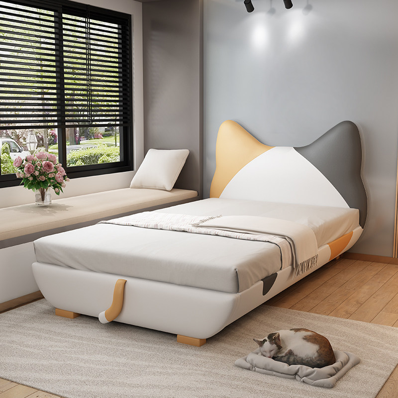 Kitten leather art children's bed 1 2 creative cartoon soft bed children's room simple boy girl solid wood single bed