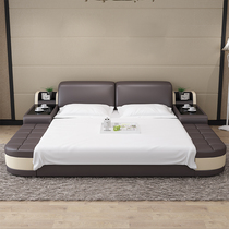 Real leather bed solid wood square double master bedroom luxury tatami bed air pressure storage luxury Italian light luxury cowhide