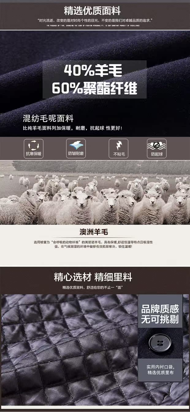 Yalu áo len mới của nam giới áo dài kinh doanh áo khoác cashmere cộng với bông đệm phù hợp với cổ áo sơ mi thủy triều áo gió nam