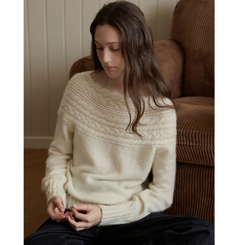 Nice People Vintage Off-Shoulder Cable Knit Soft Alpaca Blend Hollow-Out Knit Sweater White Top