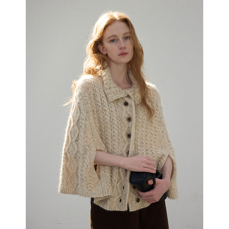 Nice People2026Ss Sheep Wool Thick Cable Knit Turtleneck Rolled Edge Knitted Cape Sweater Cardigan