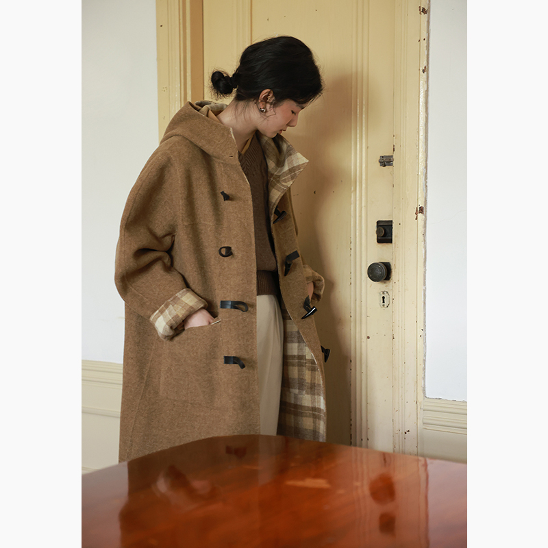 [Same Style as Song Zuer] Nicepeople Morty Autumn and Winter Retro Plaid Reversible Toggle Button Wool Coat