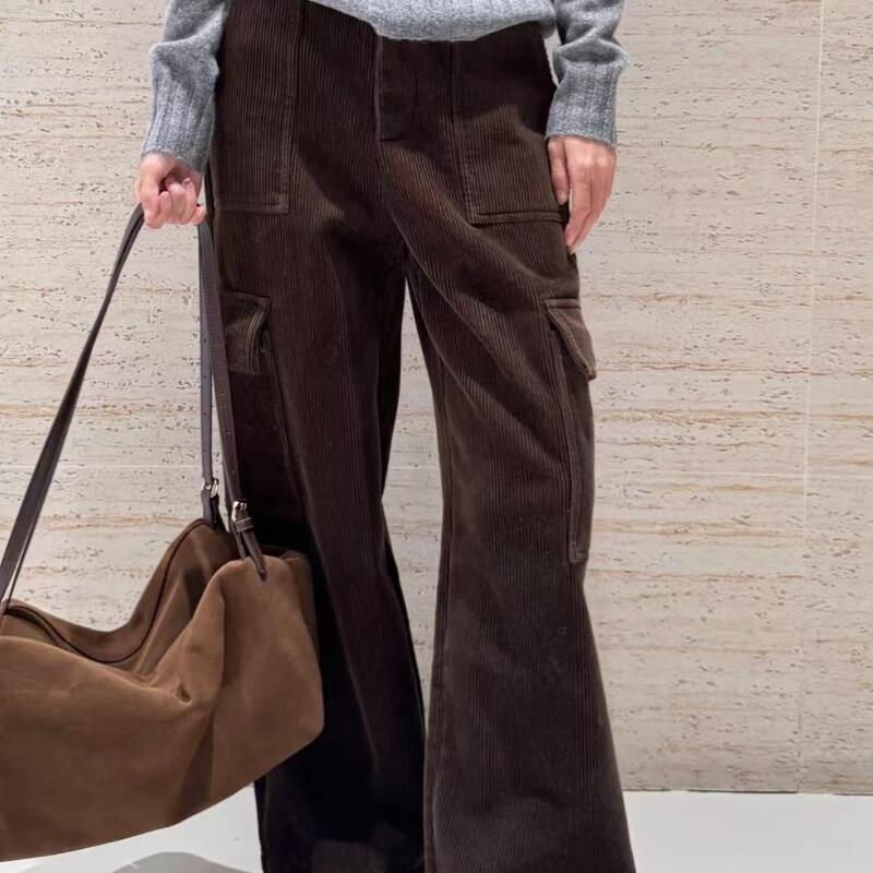 Caramel-Colored Corduroy Thickened Fleece-Lined High-Waisted Workwear Casual Pants Winter Warm Straight-Leg Pants