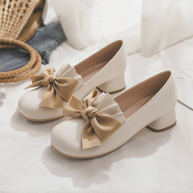 2022 spring and autumn new low-heel thick-heel evening gentle fairy wind with skirt bowknot lady's single shoes for women