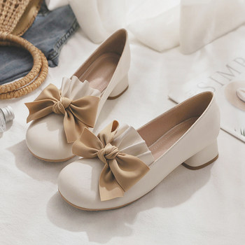 2022 spring and autumn new low-heel thick-heel evening gentle fairy wind with skirt bowknot lady's single shoes for women