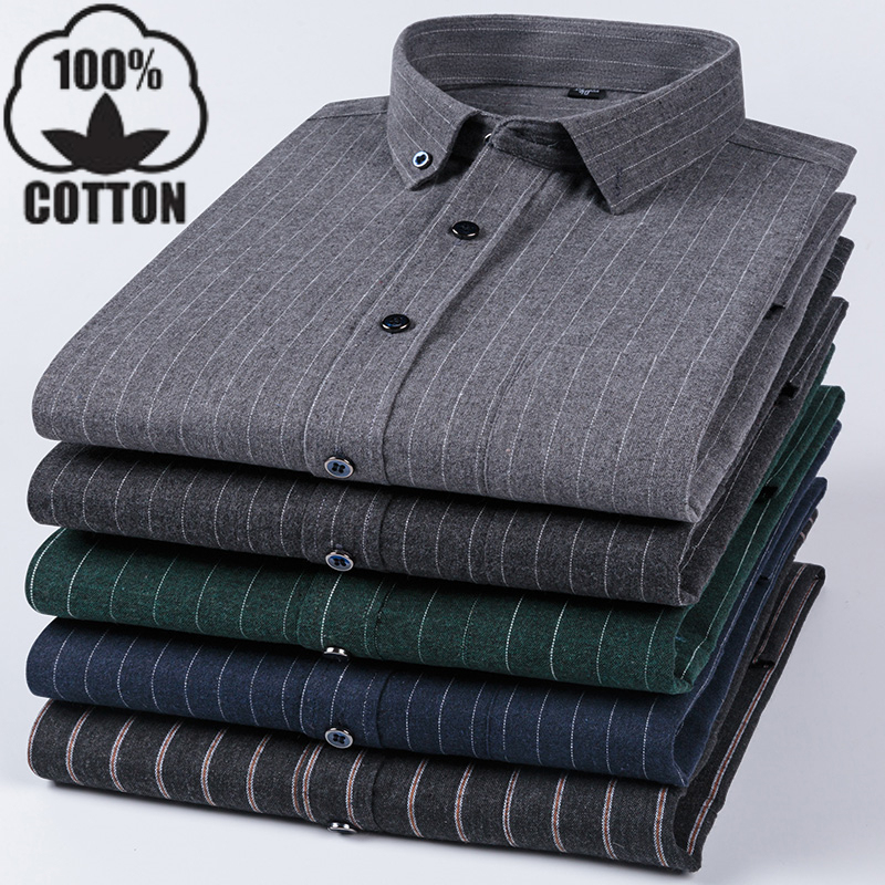 Paul Large Size Pure Cotton Shirt Men's Long-Sleeved Spring and Autumn Casual All-Cotton Brushed Striped Shirt for Middle-Aged and Young Men Dad's Wear