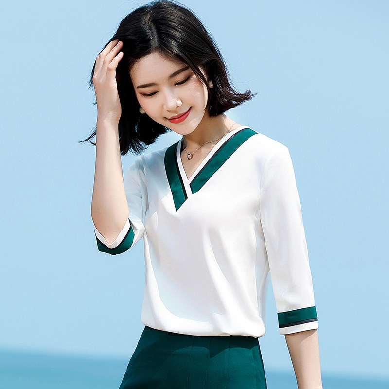 Professional suit blouse mid-sleeve interview stewardess uniform white top Korean version beautician overalls shirt summer