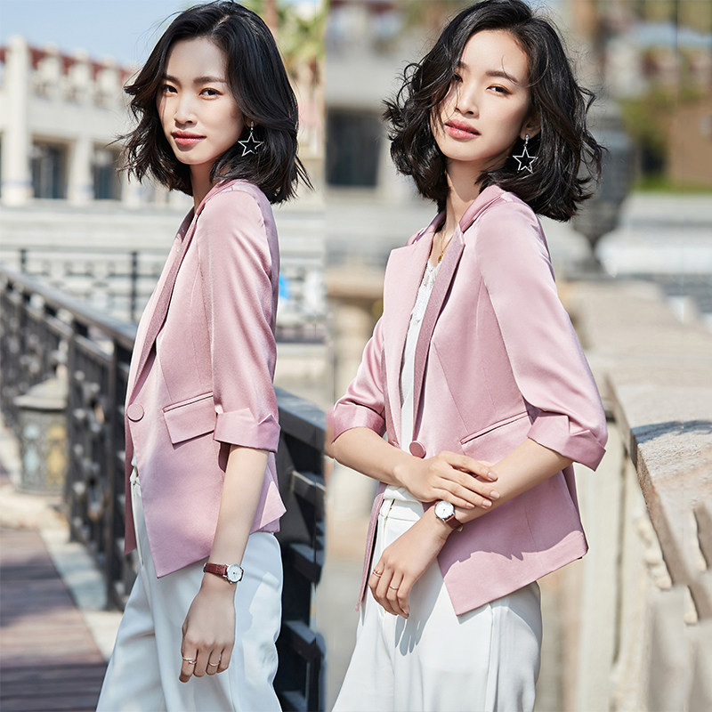 Pink three-quarter sleeve small suit jacket women's 2020 spring and summer new chiffon thin section short temperament suit middle sleeves