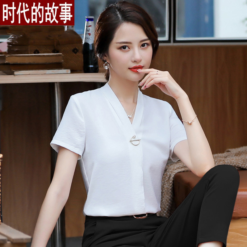 V-neck professional shirt women's short-sleeved chiffon shirt Korean version loose white shirt fashion casual tops workwear summer