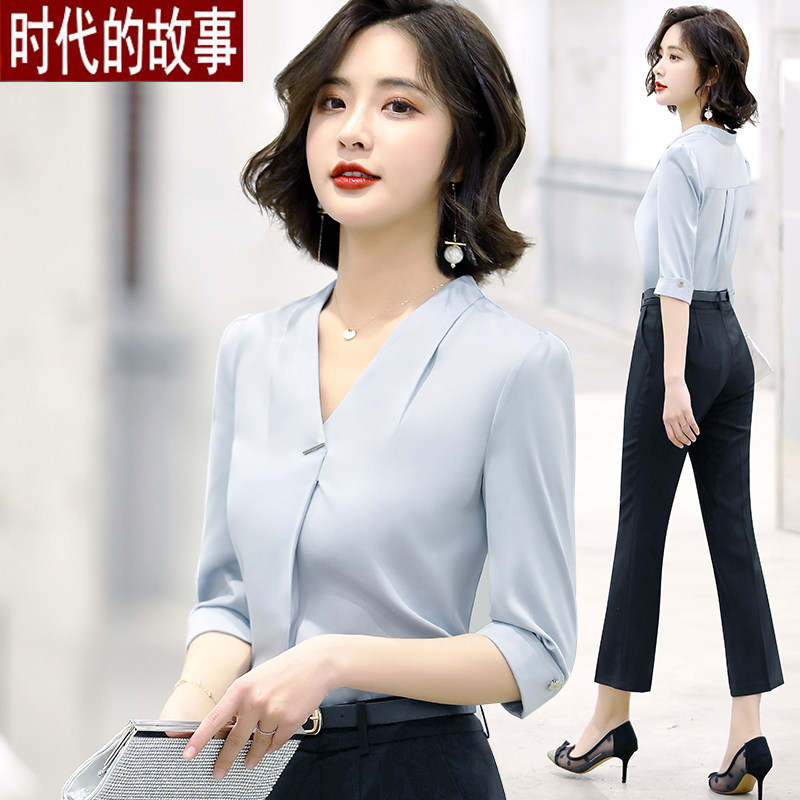 White V Collar Shirt Woman 2021 Summer Fashion New fashion temperament Sleeves Casual Lining Korean version Body Workwear