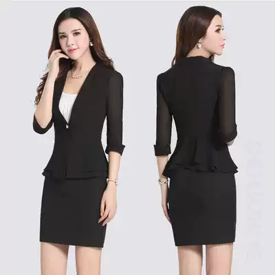 Thin chiffon pleated cardigan suit Office Women's OL medium sleeve small suit formal overalls dress summer