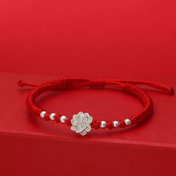 999 Pure Silver Good Luck Bracelet for Women, Silver Lotus Seed Pod Fortune Bead Bracelet, Woven Red String Bracelet Jewelry