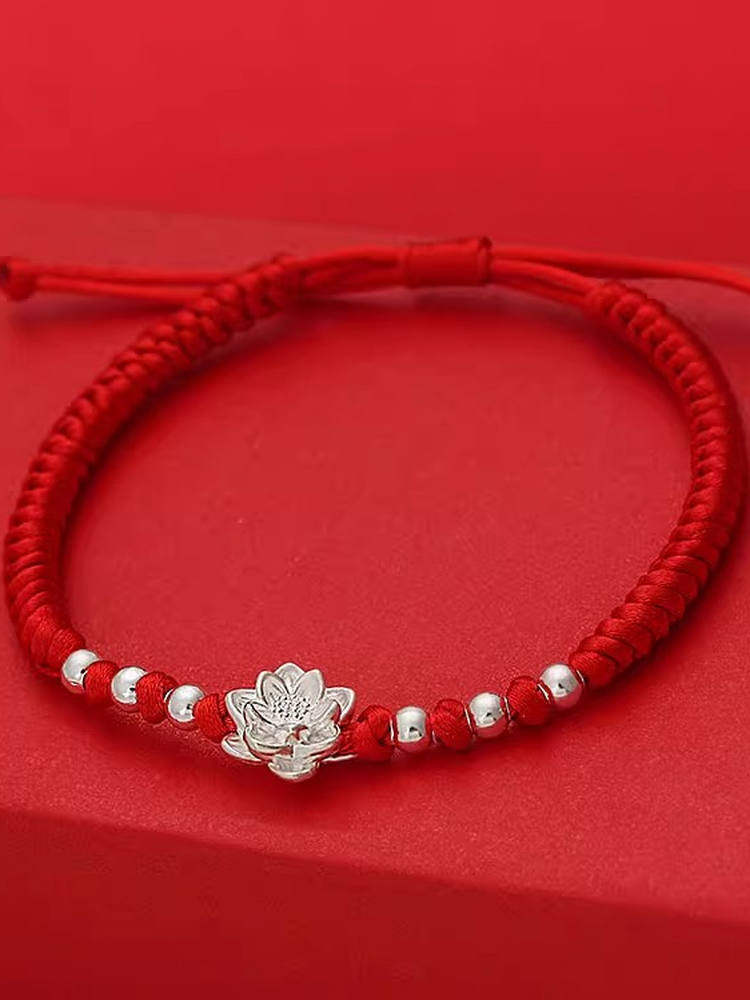 999 Pure Silver Good Luck Bracelet for Women, Silver Lotus Seed Pod Fortune Bead Bracelet, Woven Red String Bracelet Jewelry