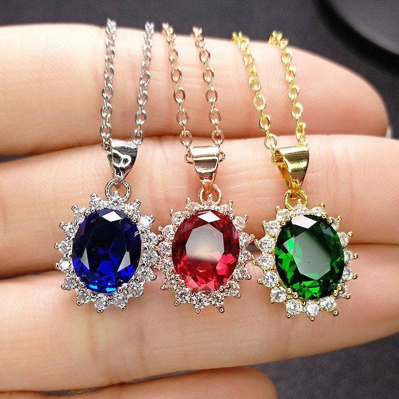 Feihong Sunflower Full Diamond Princess Diana Pendant Low-Luxury Imitation Emerald Necklace Garnet Ruby Princess Necklace