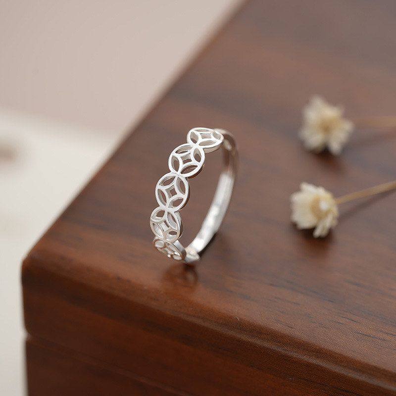 S999 Pure Silver Coin Ring for Women, New Chinese Style, Unique Niche Design, Artistic Style, Open Ring, Wholesale