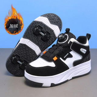 芭芭兔女童新款高帮暴走鞋双轮可收男童滑轮变形鞋加绒成人溜冰鞋