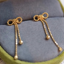 Bow 18K gold pure gold stud earrings earrings earrings full gold ear plug Doudou chain double three-dimensional design sweet