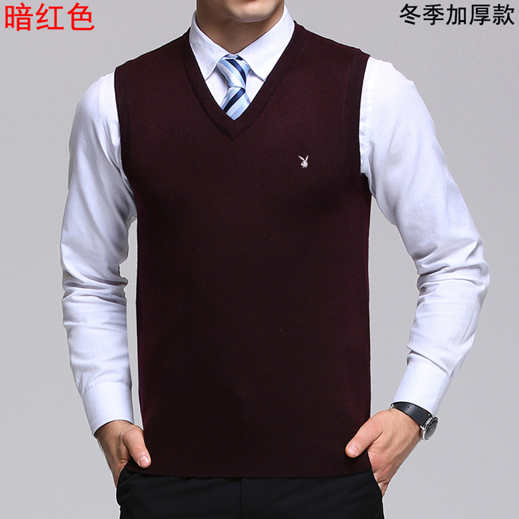 Playboy mùa thu mùa đông màu xanh lá cây trung niên của nam giới V-Cổ màu rắn len vest cashmere áo len áo len vest vest