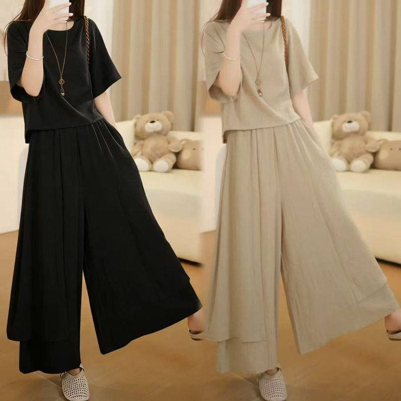 Fashionable Outfit Set for Women, Thin Summer Style, Plus Size, Loose, Slimming, Lazy Style, Top and Wide-Leg Culottes Two-Piece Set Fashionable Outfit Set for Women, Thin Summer Style, Plus Size, Loose, Slimming, Lazy Style, Top and Wide-Leg Culottes Two-Piece Set