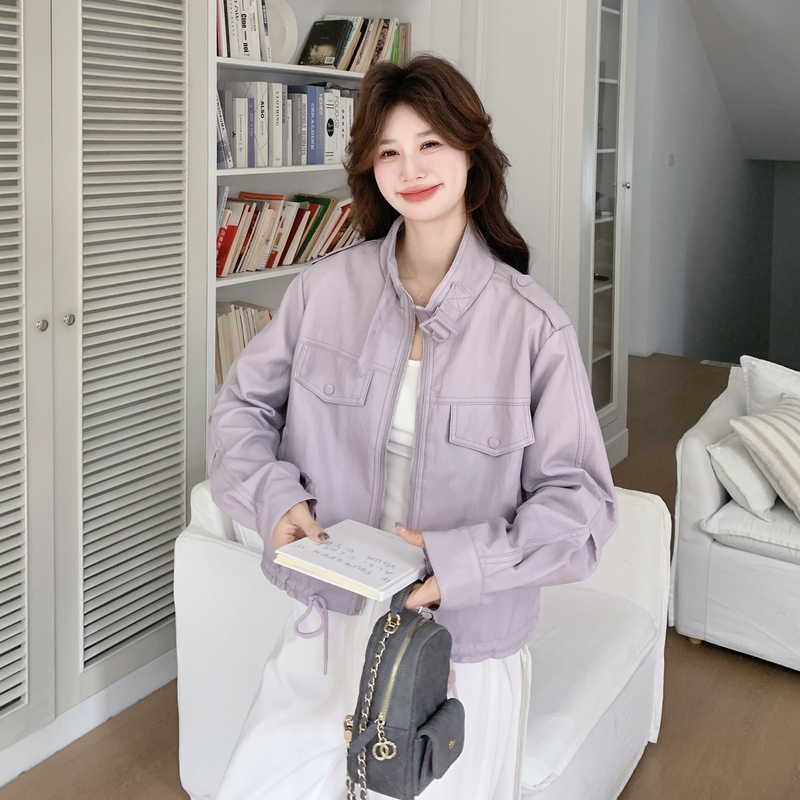 Korean Style Purple Stand-Up Collar Leather Jacket for Women 2026 Spring New Short Style Age-Reducing Casual Jacket Unique and Super Nice-Looking