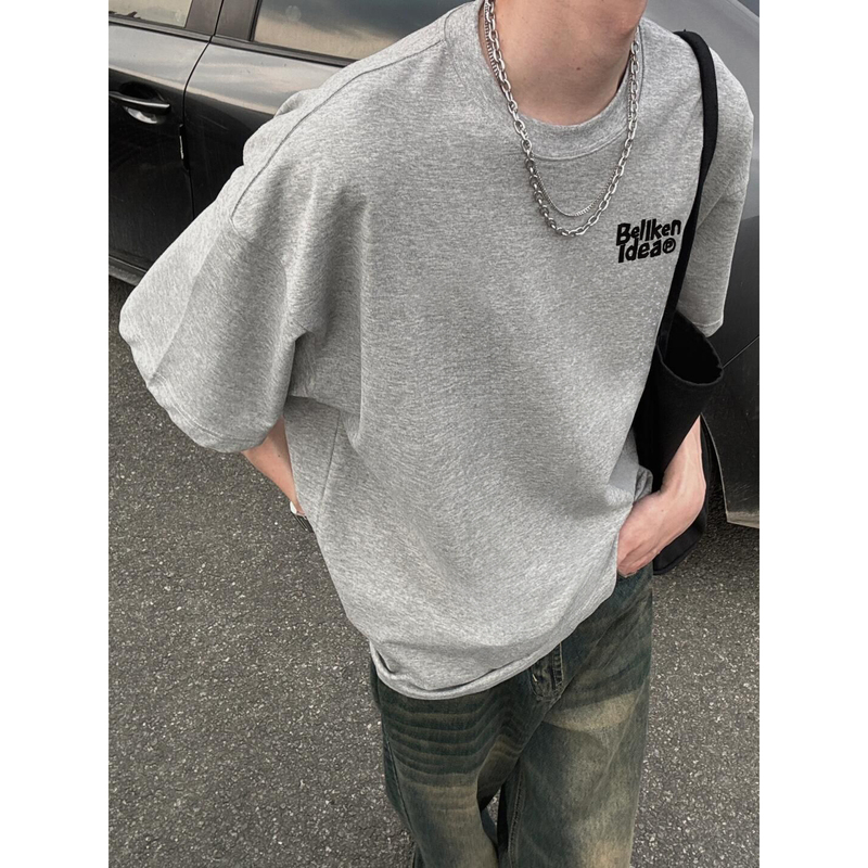 Gray Japanese City Boy Letter Print Short-Sleeve T-Shirt for Men, Summer Heavyweight Pure Cotton Trendy Brand Simple Top
