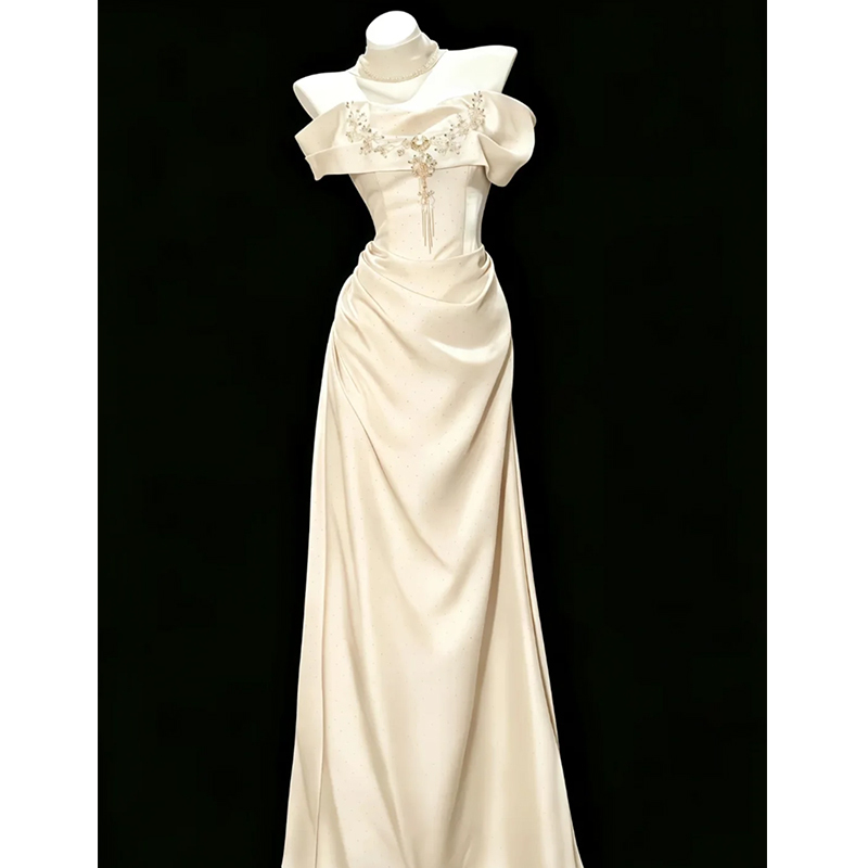 Champagne-Colored Off-The-Shoulder Heavy-Duty Evening Dress for Women 2026 New Style High-End Engagement Socialite Birthday Host Coming-Of-Age Ceremony Champagne-Colored Off-The-Shoulder Heavy-Duty Evening Dress for Women 2026 New Style High-End Engagement Socialite Birthday Host Coming-Of-Age Ceremony