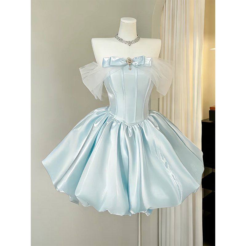 Blue Off-The-Shoulder Short Dress, Light Luxury Niche Princess Dress for Banquets, Student Day, Coming-Of-Age Ceremony, Graduation, and Art Exam